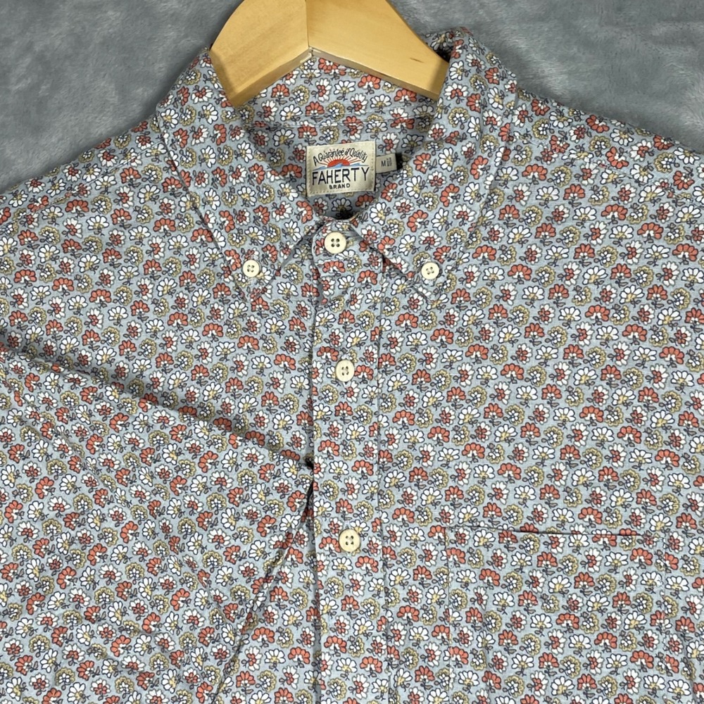 Faherty Brand Men Medium Blue Orange Micro Floral Short Sleeve Button Down Shirt